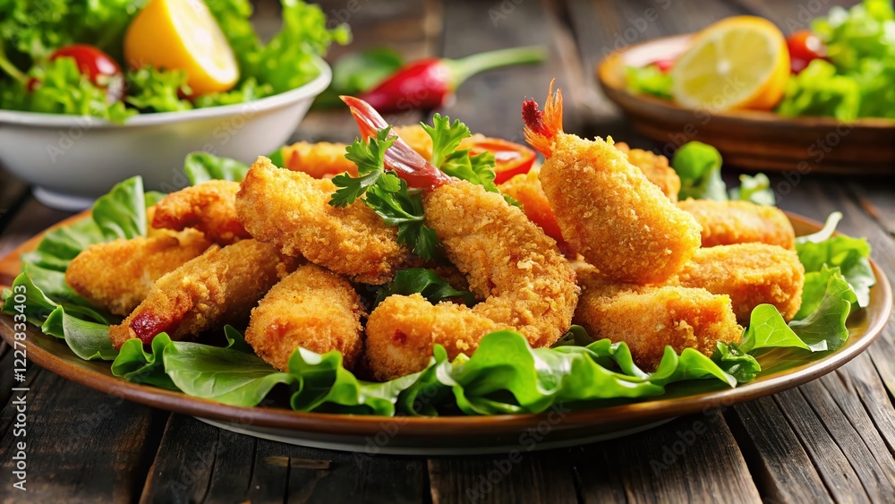 Fototapeta premium Delicious Breaded Scampi Tails with Fresh Salad Greens - Low Light Photography