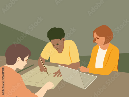 Three individuals collaborate on business strategies, sketching ideas and discussing plans around a table with a laptop, highlighting teamwork and innovation photo