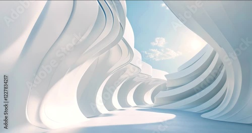 white wave shaped futuristic building blue sky clouds curved lines sculptural symmetrical architecture