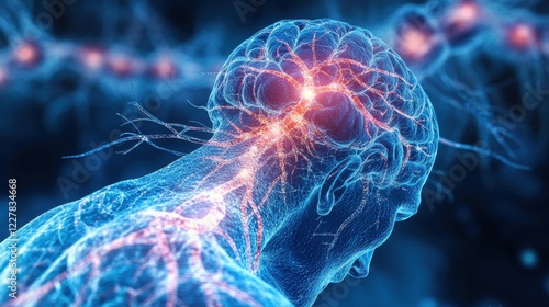 A vivid digital representation of a human figure experiencing a nervous system spasm, highlighting the glowing neural pathways and intense energy flow. photo