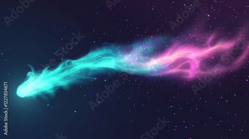 Fototapeta Naklejka Na Ścianę i Meble -  Rocket missile or star falling light vfx effect. Realistic vector illustration of green and pink magic flame with neon glowing tail with particles and steam. Space ship or cosmic object motion trail.