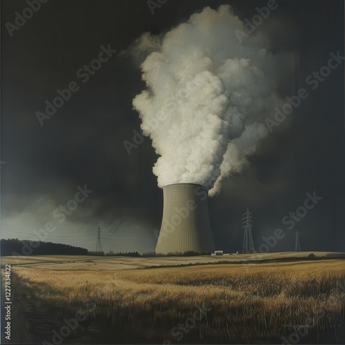 Nuclear reactors drive energy innovation. Power plant emitting thick smoke against a dark sky.