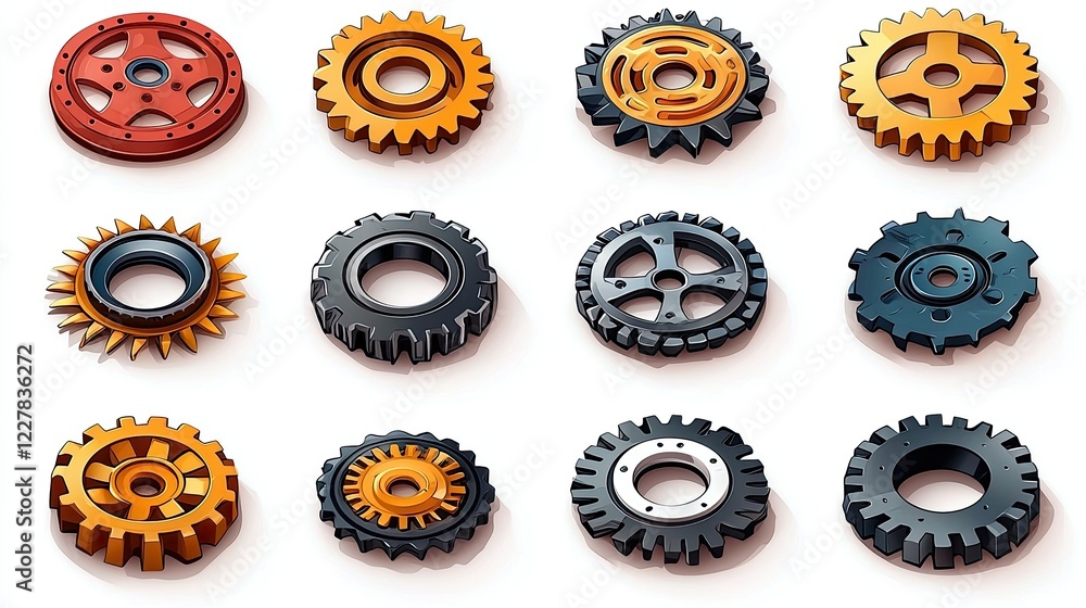Obraz premium Twelve Colorful Gear Icons Displayed Against White Background