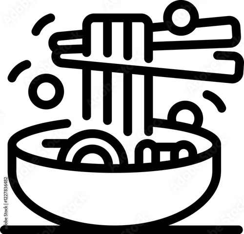 Chopsticks lifting noodles from bowl of ramen or udon, in a simple black and white icon style