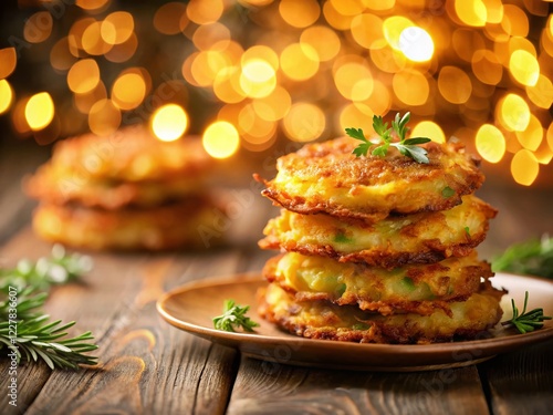 Delicious Golden Brown Latkes with Creamy Bokeh Background - Perfect for Hanukkah Recipes photo