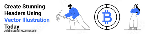 Worker mining cryptocurrency with a pickaxe, woman contemplating finance, Bitcoin logo. Ideal for blockchain, digital currency, fintech, crypto trading, technology, investment flat landing page