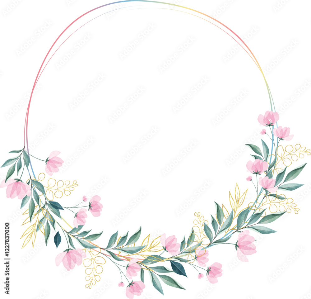 Fototapeta premium Luxury botanical gold wedding frame on white background. circle shape, eucalyptus leaves, leaf branches. Elegant foliage design for wedding, card, invitation, greeting.