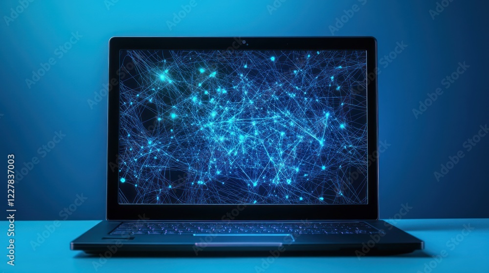 Laptop displaying network connections, blue background; technology concept Laptop displaying network connections, blue background; technology concept
