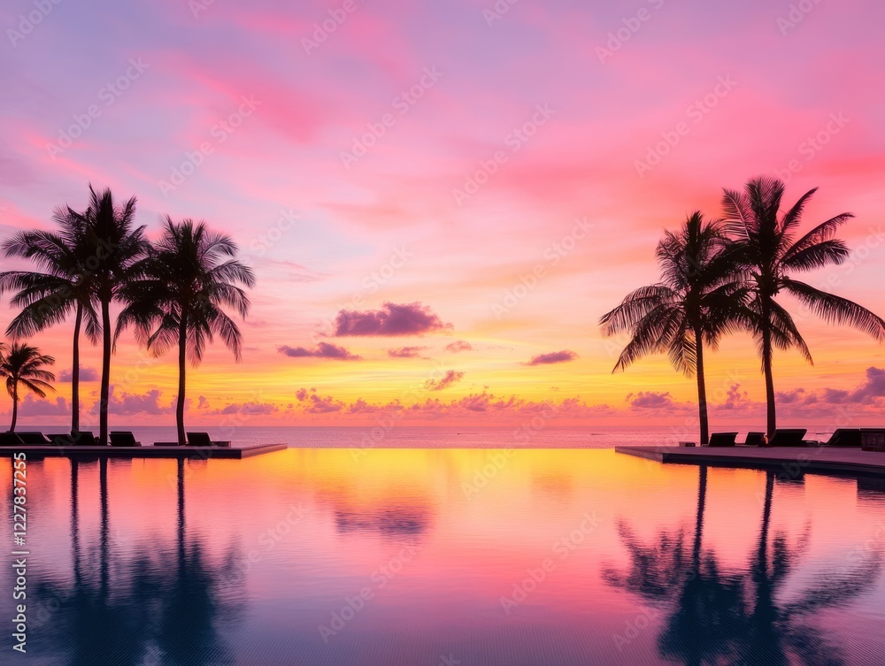 Serene Sunset Over Tropical Pool with Palms and Reflective Water Serene Sunset Over Tropical Pool with Palms and Reflective Water