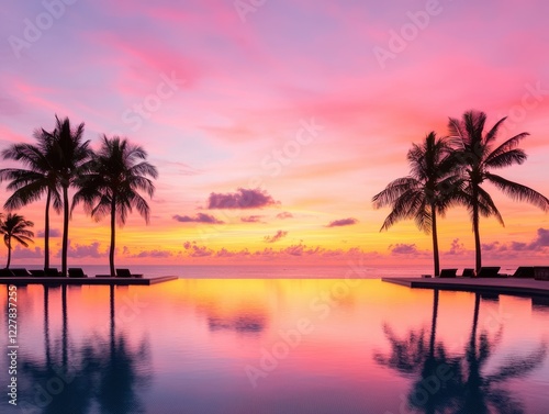 Serene Sunset Over Tropical Pool with Palms and Reflective Water