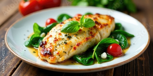 Baked chicken breast with saut?ed spinach, cherry tomatoes, and mozzarella cheese, nutritious, meal,