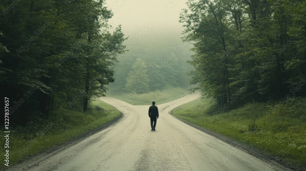 Man standing at a fork in the road, contemplating his future. Man standing at a fork in the road, contemplating his future.