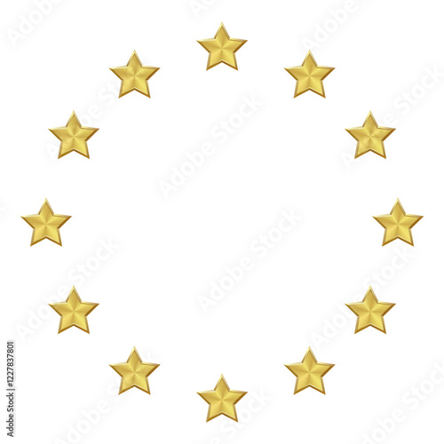 12 Isolated golden stars arranged in a circle, round shape on a transparent background. Brass star with metallic effect. Shiny element for medal, award, rating, customer feedback. Vector EPS10