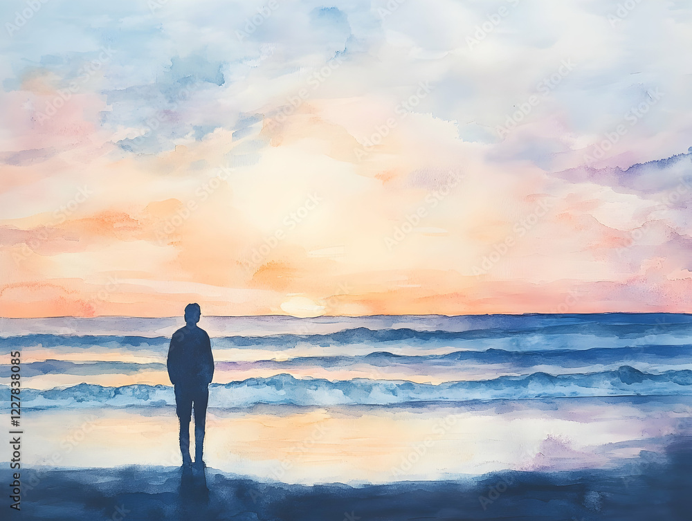 Silhouette of a person standing on the beach during a vibrant sunset over the ocean waters Silhouette of a person standing on the beach during a vibrant sunset over the ocean waters