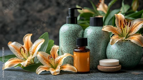 Elegant arrangement of spa products with lilies on a textured background