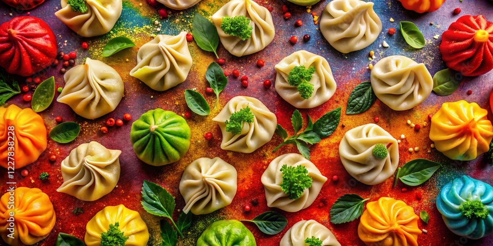 Delicious Jiaozi Dumplings on Vibrant Background with Copy Space - Aerial View Delicious Jiaozi Dumplings on Vibrant Background with Copy Space - Aerial View