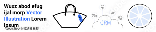 Shopping bag with a tag, cloud labeled CRM surrounded by icons, citrus slice emphasizing freshness. Ideal for retail management, shopping trends, CRM tools, cloud storage, marketing, freshness flat
