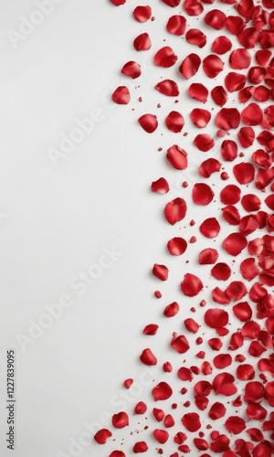 Red rose petals scattered on a white background, love, Valentine's Day, red roses