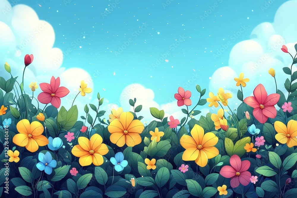 A vibrant illustration of colorful flowers against a bright blue sky. A vibrant illustration of colorful flowers against a bright blue sky.