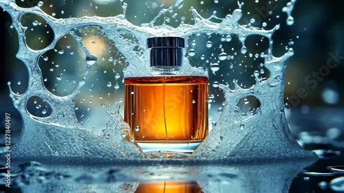 Fragrant perfume bottle splashing in water with blurred background