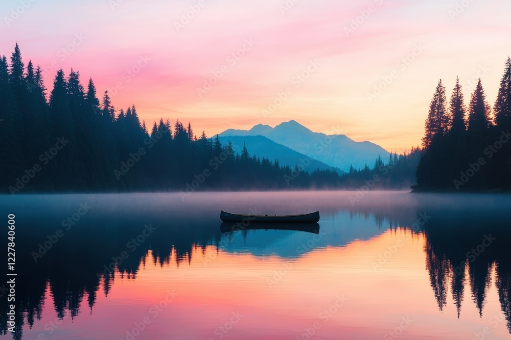 Fototapeta premium Tranquil Sunrise Over Misty Lake With Canoe Silhouetted Against Majestic Mountains And Reflective Waters