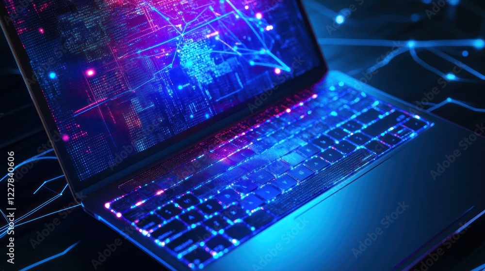 Laptop screen displays digital network, glowing keyboard, dark background; tech concept Laptop screen displays digital network, glowing keyboard, dark background; tech concept