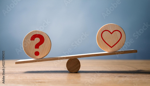Balancing Heart and Question Symbol on Wooden Seesaw Representing Choices and Emotions