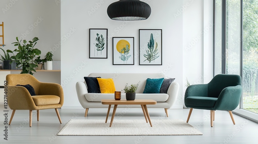 Fototapeta premium Modern living room, sunlight, sofa, plants, d?cor, interior design, home staging, furniture