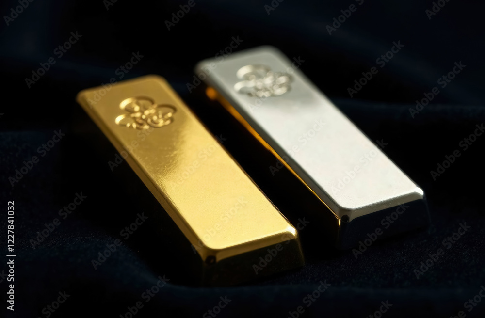 gold and silver bars lie side by side on a velvet table, side view gold and silver bars lie side by side on a velvet table, side view