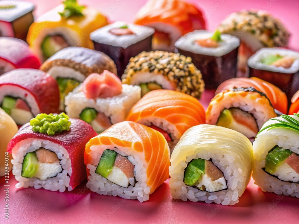 Delicious Sushi on Pink Background - Copy Space for Text Delicious Sushi on Pink Background - Copy Space for Text