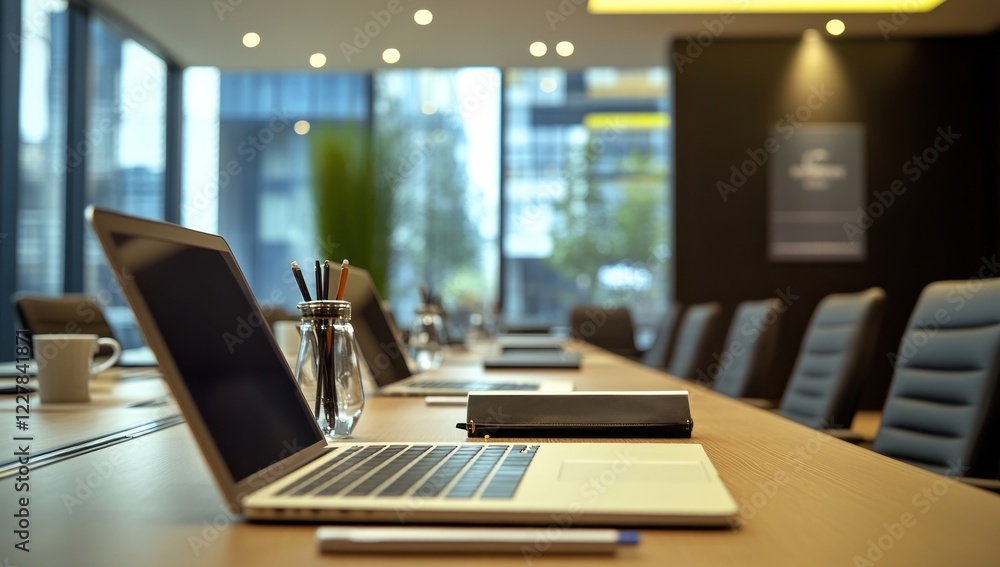 Naklejka premium Modern Conference Room Setup: Laptop, Notebook, and Empty Chairs