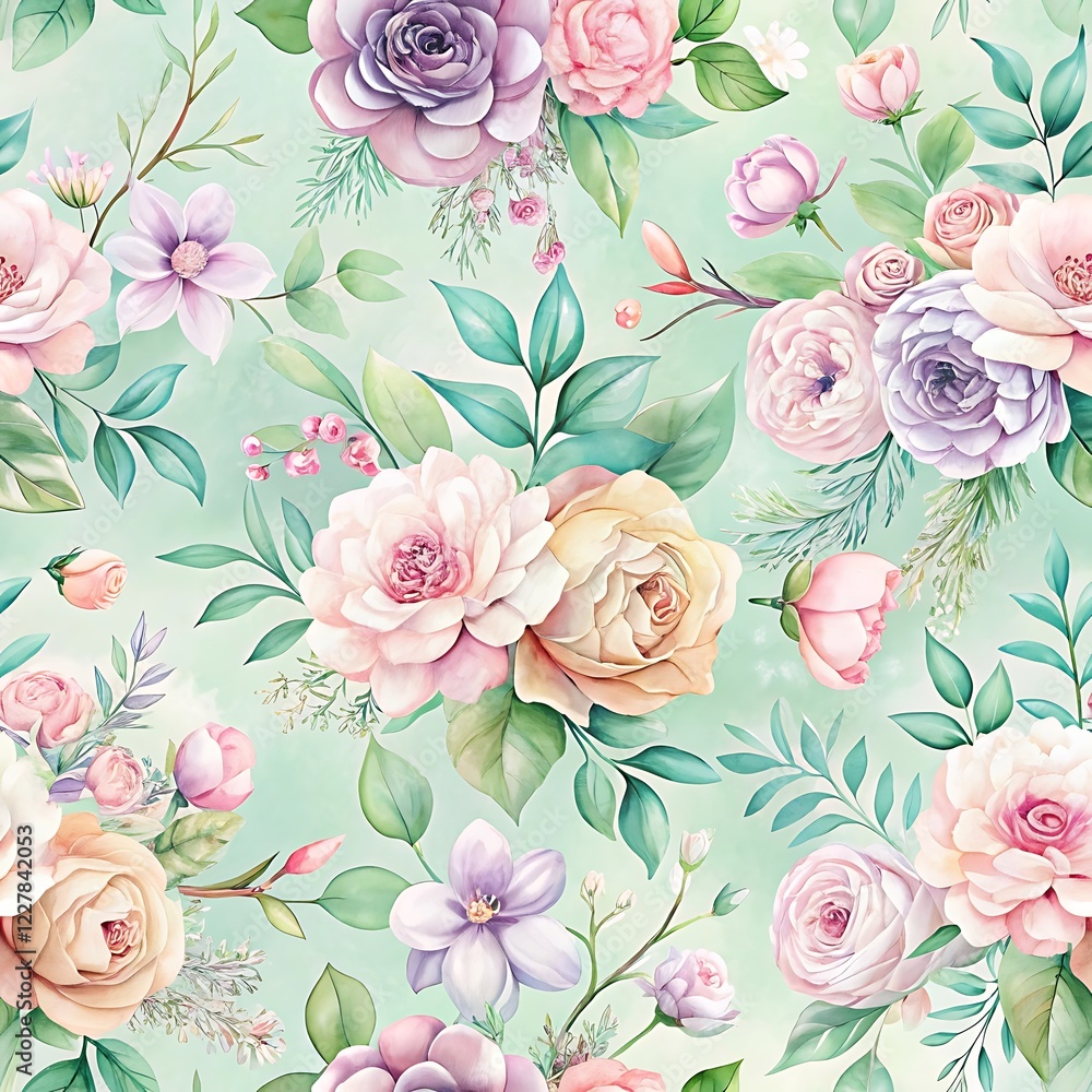 Fototapeta Flowery pattern with pink, yellow, and purple flowers. Seamless pattern. Watercolor