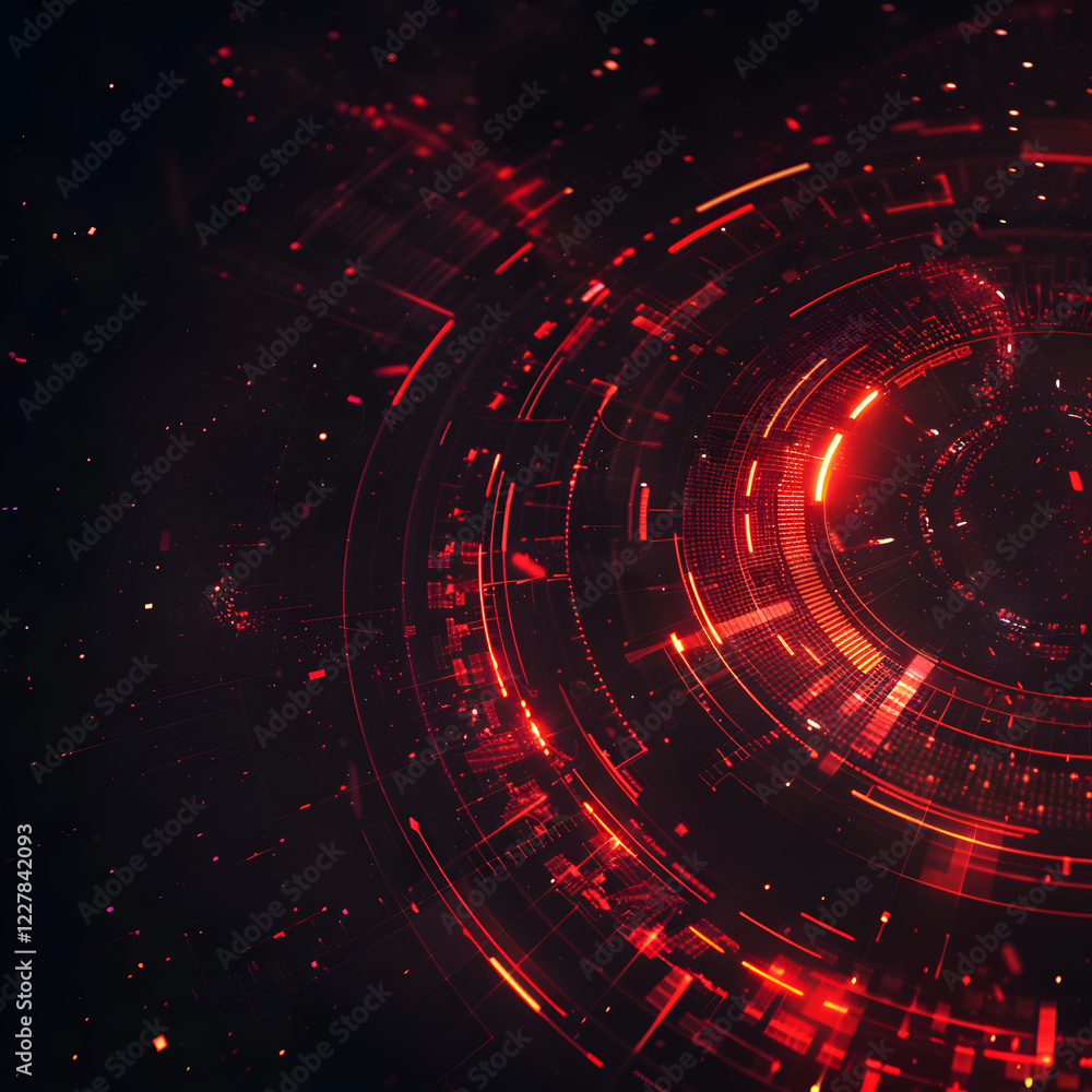 Abstract digital design with glowing red circular patterns and lines. Abstract digital design with glowing red circular patterns and lines.