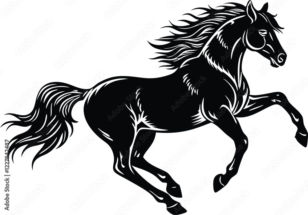 Obraz premium Beautiful black Andalusian horse running in paddock