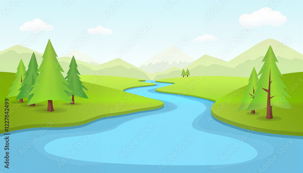 Fototapeta premium Cartoon landscape with river and pine trees