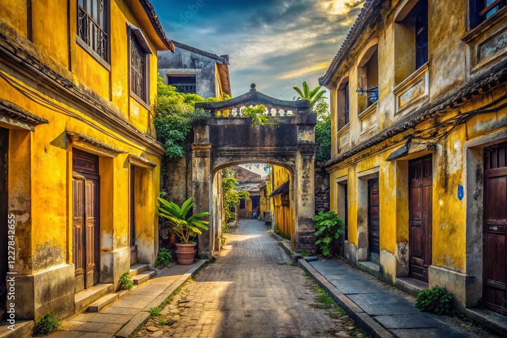 Fototapeta premium Deserted Hoi An Backstreet: Yellow Buildings & Traditional Gateway - Stock Photo