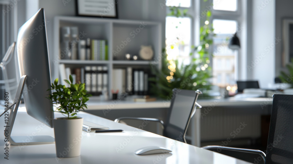 A modern office with a large window, bookshelves, and a plant. A modern office with a large window, bookshelves, and a plant.