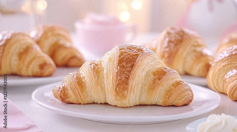 Warm croissants rest on cooling racks in a busy bakery, showcasing their golden crusts and flaky layers, ready for customers Warm croissants rest on cooling racks in a busy bakery, showcasing their golden crusts and flaky layers, ready for customers