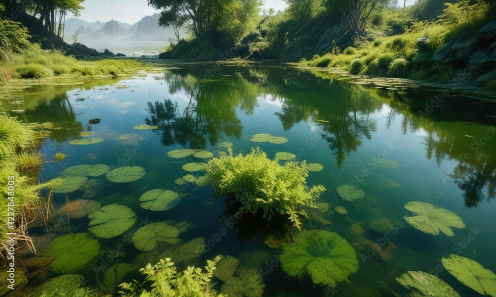 Pond with thick green algae growth on water surface, algal bloom, vegetation growth, algae infestation Pond with thick green algae growth on water surface, algal bloom, vegetation growth, algae infestation