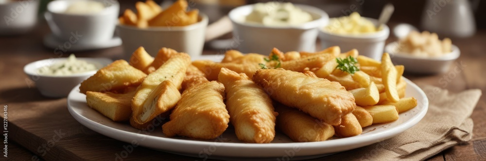 Plate of mouthwatering fish and chips with a side of creamy tartar sauce , accompaniment, seafood, condiments Plate of mouthwatering fish and chips with a side of creamy tartar sauce , accompaniment, seafood, condiments