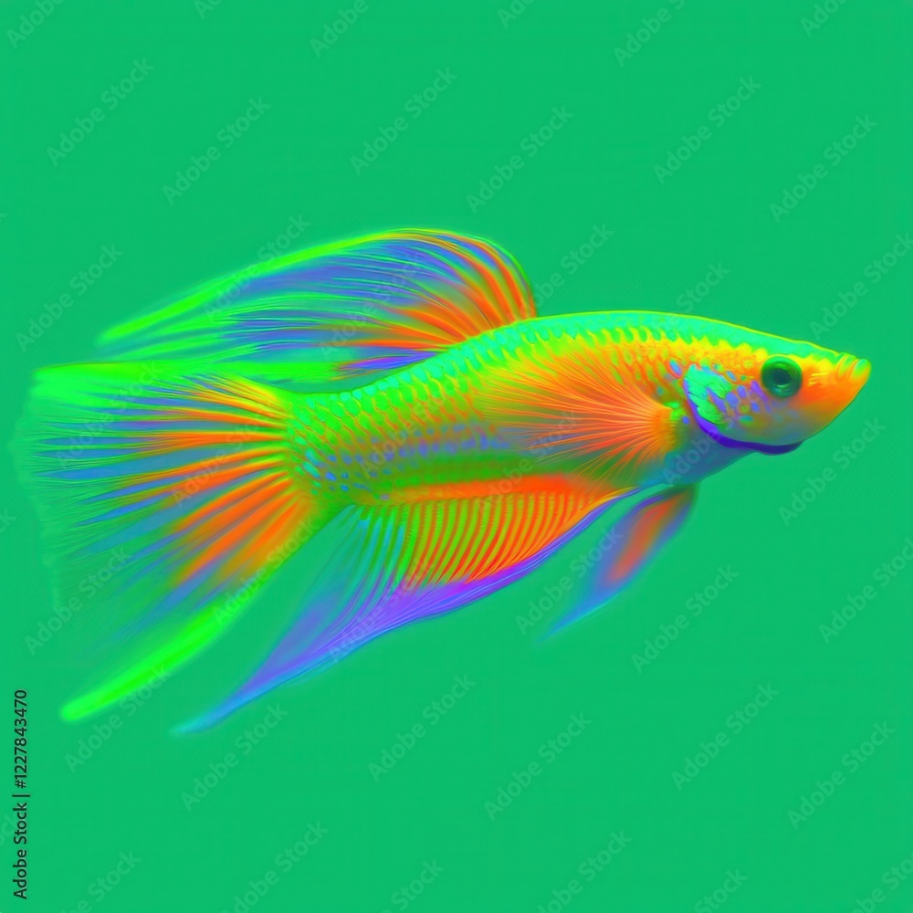 Fototapeta premium Vibrant betta fish in motion solid aqua background aquatic dynamic environment side view colorful display