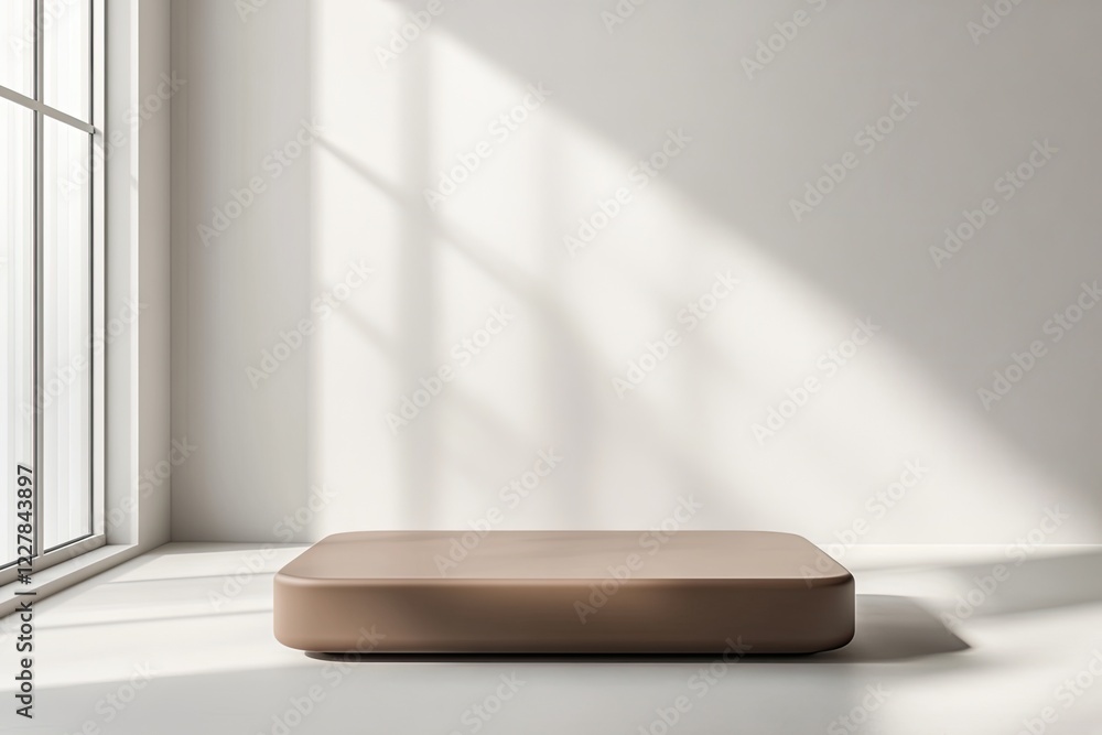 Fototapeta premium minimalist living room corner featuring smooth warm chocolate brown coffee table with rounded edges soft natural light
