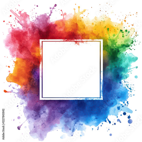 Rainbow watercolor splash with white square frame