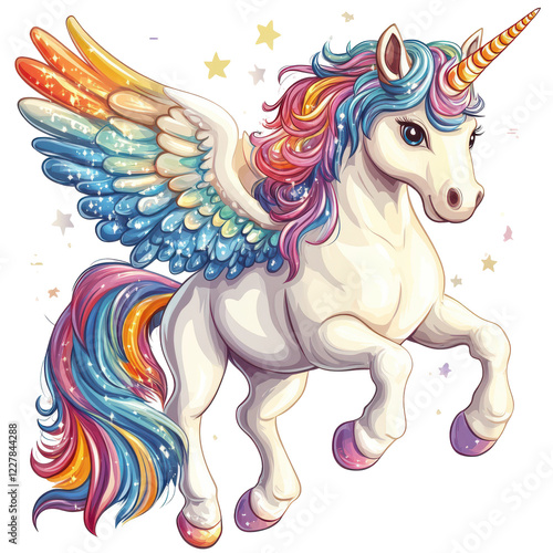 Magical Rainbow Unicorn with Wings Flying among Stars, photo