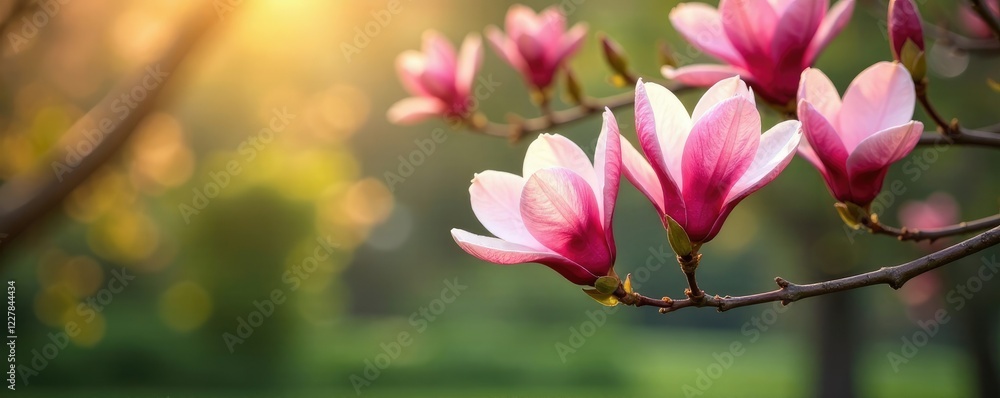 Fototapeta premium Pink magnolia flowers sway gently in the breeze, leaves, flowers, trees