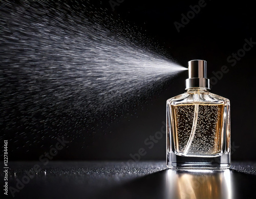 A bottle of perfume is spraying out of the top. The bottle is clear and has a spray top