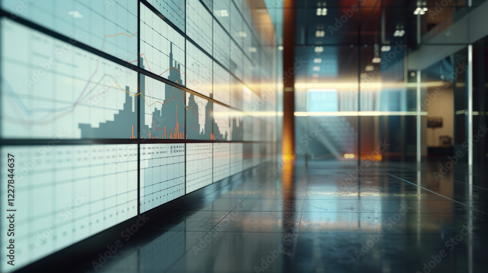 A modern office building with a glass wall and large screens displaying financial charts. A modern office building with a glass wall and large screens displaying financial charts.