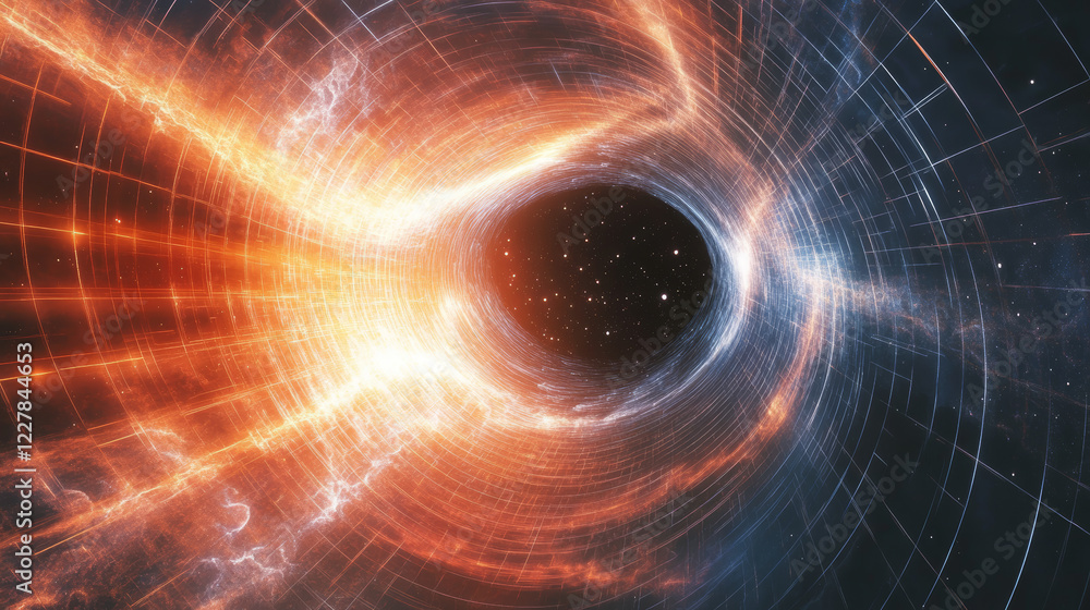 Fototapeta premium An abstract visualization of space and time bending and expanding, with glowing energy waves and swirling vortices representing the creation of the cosmos.
