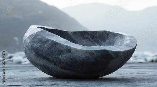 A sculpted stone bowl with a unique curved design, partially hollowed out, placed on a textured surface with natural landscape in the background photo