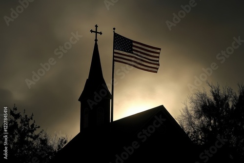 A silhouette of an American flag flying over the top of a church, with a cross on it Generative AI